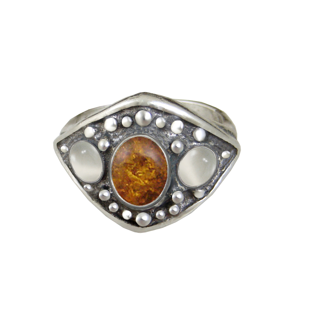 Sterling Silver Medieval Lady's Ring With Amber And White Moonstone Size 8